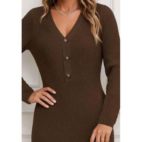 Kadın Uzun Kollu V Yakalı önden Düğmeli Kısa Triko Elbise