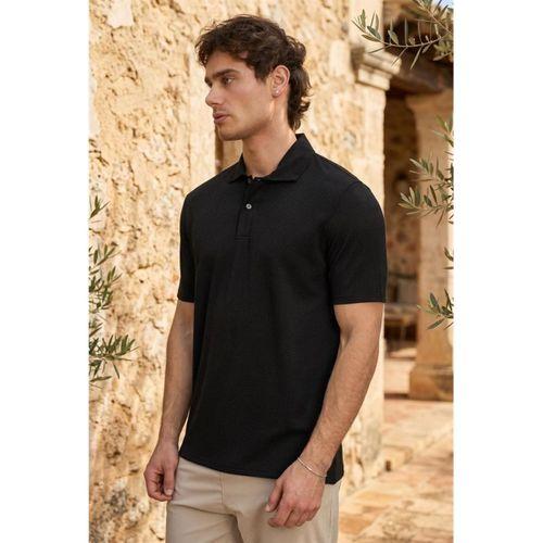 Evenor Kabartma Desenli Polo Yaka Düğmeli Relaxed FitYumuşak İnce Erkek T-Shirt - Siyah