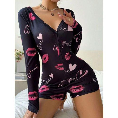 Pamuklu Kırmızı Kalp Desenli Düğmeli Uzun Kol Tulum Pijama