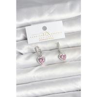 Pirinç Gümüş Pembe Renk Zirkon Taşlı Kalp Model Kadın Küpe