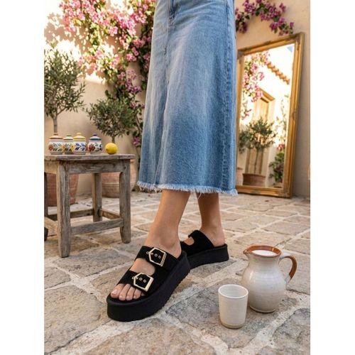 Yazlık Kadın Siyah Platform Taban Tokalı Terlik