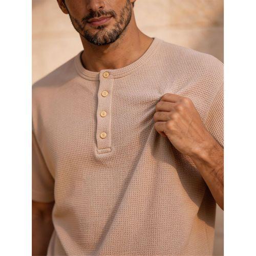 Roth Relaxed Fit Günlük Henley Yaka Waffle Kumaş Yazlık Kısa Kollu T-Shirt - Bej