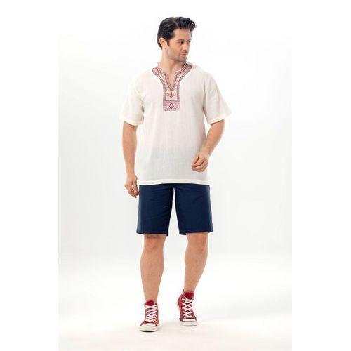 Kısa Kol Şile Bezi Bisiklet Yaka Etnik Erkek Yazlık T-shirt Krem Krm