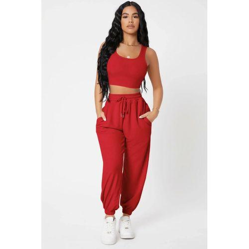 Kadın Kırmızı Premium Görünümlü Kaşkorse Cepli Jogger Eşofman Altı Ve Crop Top Bluz Takımı