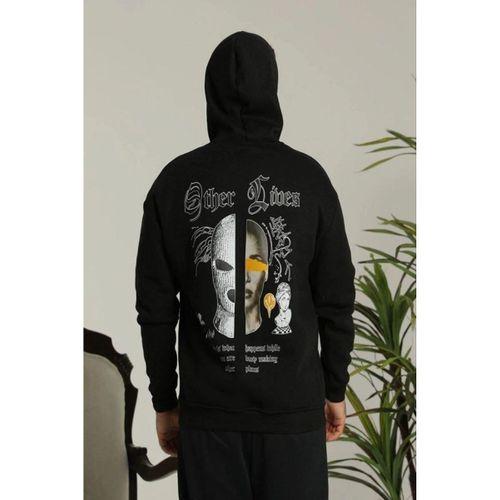 Erkek Kapşonlu Sweatshirt – Oversize Üç İplik Şardonlu Hoodie, “Other Lives” Ön - Arka Baskılı, Kanguru Cepli, Kışlık Rahat Günlük Stil - Siyah