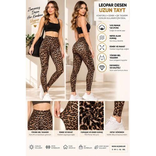 Kadın Leopar Desenli Yüksek Bel Uzun Tayt – %92 Pamuk %8 Lycra, Esnek Kumaş - ryl - 3005