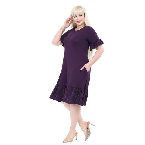Melsay Butik Kolları Taş Baskılı Fırfırlı Kısa Kollu Mor Kadın Midi Elbise
