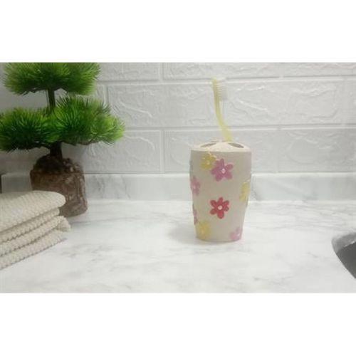 2 Adet Diş Fırçalık Renkli Papatyalı Poliresin 5X5X11Cm Banyo Seti