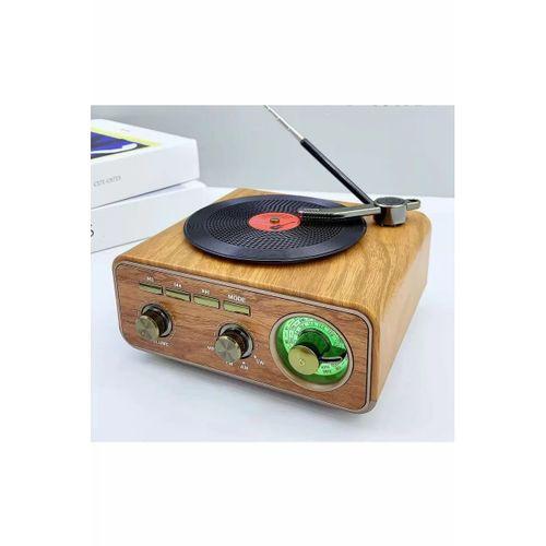 Nostaljik Tasarım Plak Çalar Görünümlü Radyolu Bluetooth Hoparlör Retro Müzik Plak Açık Kahverengi