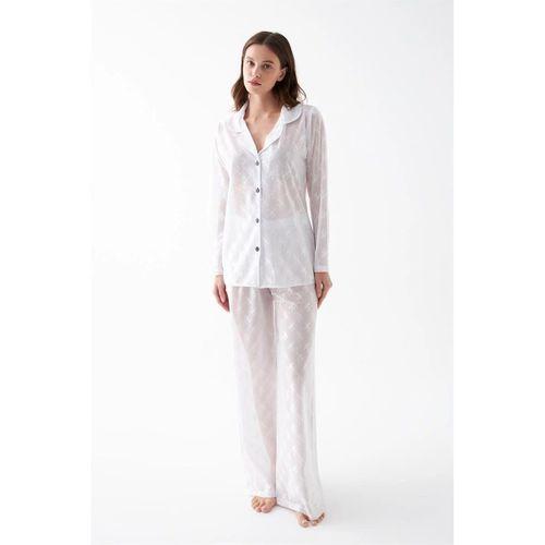 Kadın Beyaz Şeffaf Jakar Düğmeli Pijama Takımı