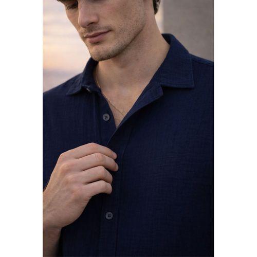 Apaş Yaka Oversize Müslin Kumaş Gömlek - Lacivert