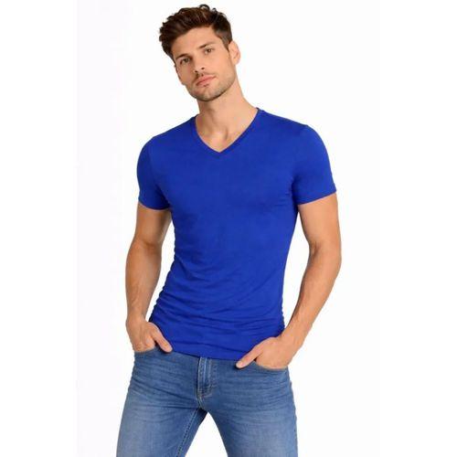 Erkek T-Shirt V Yaka Slim Fit Dar Kesim Likralı Tişört Günlük Basic Body - Saks Mavisi