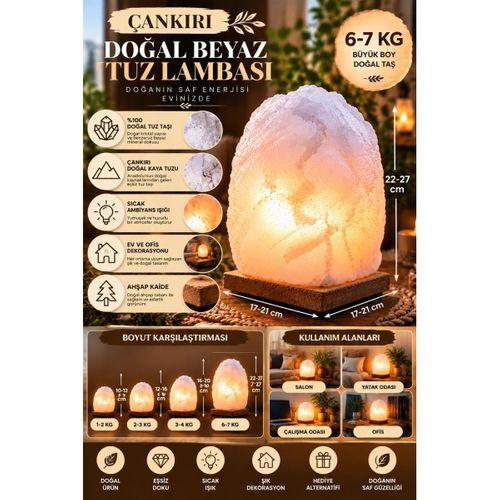 Çankırı 6-7 Kg Beyaz Doğal Kaya Tuzu Lambası Ahşap Kaideli Dekoratif Lamba