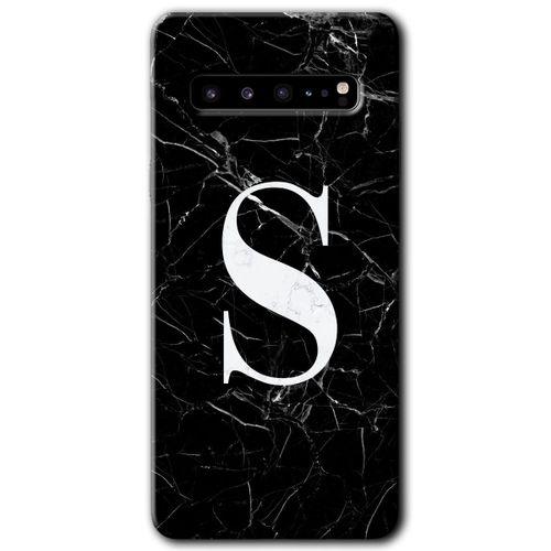 Samsung Galaxy S10 Plus Kılıf HD Desen Baskı Arka Kapak + TemperliCam - Siyah Mermer Desenli S Harf