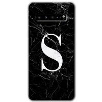 Samsung Galaxy S10 Plus Kılıf HD Desen Baskı Arka Kapak + TemperliCam - Siyah Mermer Desenli S Harf