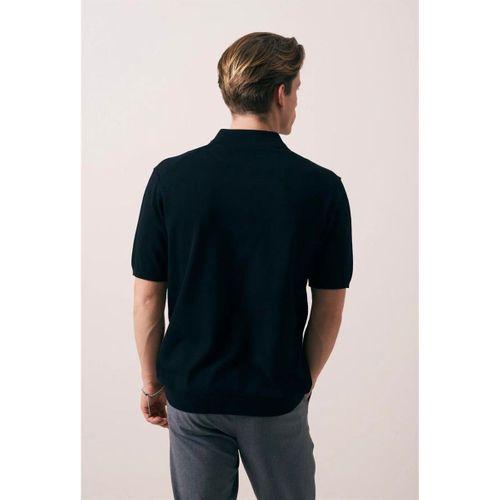 Ritchie Fermuarlı Polo Yaka Dikey Çizgili Kısa Kollu İnce Triko Erkek T-Shirt - Siyah