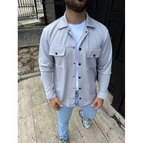 Erkek Diagonal Kumaş Cepli Çıtçıtlı Uzun Kollu, Gömlek Oversize Rahat Kalıp Günlük Şık Stil - Gri