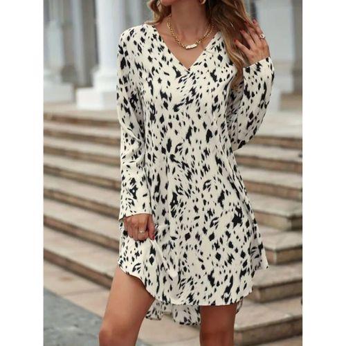 Kadın Uzun Kollu V Yakalı Desenli Kısa Keten Elbise