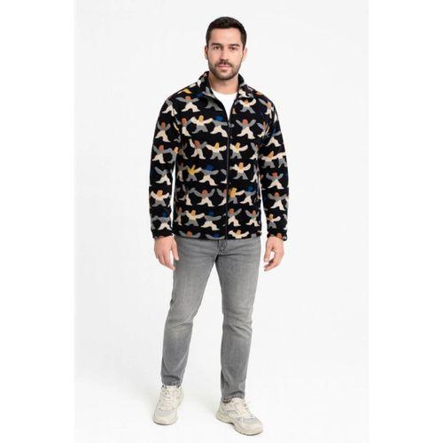 Erkek Tam Fermuarlı Desenli Polar Sweat – Siyah Multicolor Figür Desen Yakalı, Uzun Kollu, Oversize Rahat Kalıp- Siyah