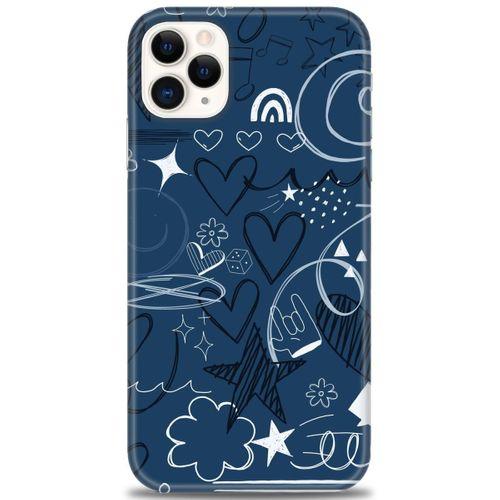 iPhone 11 Pro Max Kılıf HD Baskılı Kılıf - Notalar ve Kalpler Mavi + Tam Ekran Koruyucu
