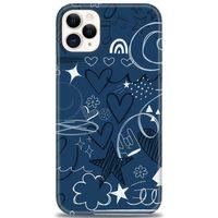 iPhone 11 Pro Max Kılıf HD Baskılı Kılıf - Notalar ve Kalpler Mavi + Tam Ekran Koruyucu