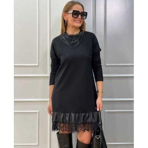 Kadın Uzun Kollu Bisiklet Yaka Etek Ucu Deri Dantelli Viskon Iki Iplik Midi Elbise