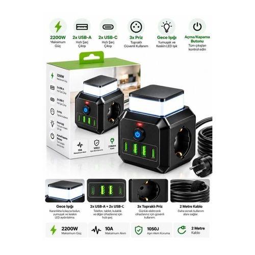 Akım Korumalı 3’lü Priz 2200w 1050j 10a Gece Lambalı 2 Usb 2 Type-c Şarj Girişli Bsp-4