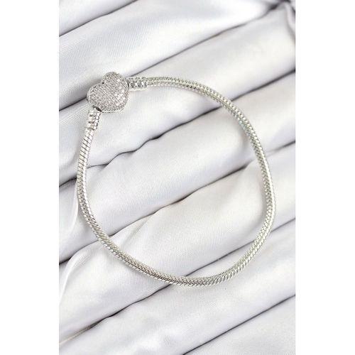 Pirinç Charm Zirkon Taşlı Kalp Model Gümüş Renk Kadın Bileklik