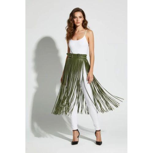 Haki Etek Uzun Püskül Detaylı Etek Suni Deri Etek Yüksek Bel Etek - Brf1090