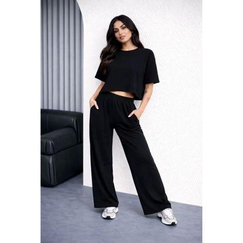 Osy Modal Yumuşak Dokulu Şalaş Oversize İkili Takım Bol Paça Pantolonlu Rahat Günlük Takım - Siyah