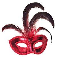 Kırmızı Renk Rugan Kaplama Kırmızı Tüylü Parti Maskesi 18x20 Cm