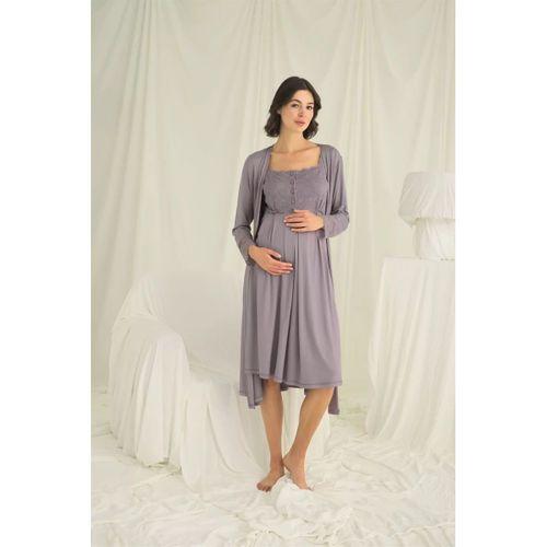 Dantelli Önü Düğmeli Hamile Lohusa Sabahlık Takımı