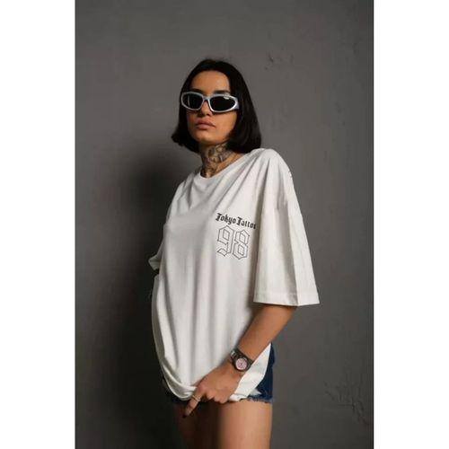 Pilelistore Unisex Bisiklet Yaka Baskılı Oversize T-Shirt - Beyaz
