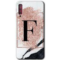 Galaxy A7 2018 Kılıf HD Desen Baskılı Arka Kapak - Pembe Mermer Desenli F Harfi + Kırılmaz Cam