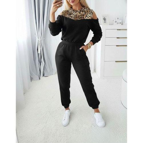 Kadın Uzun Kollu Omuzlardan Açık Leopar Desenli Kapşonlu Viskon Iki Iplik Bluz Ve Pantolon Ikili Takım