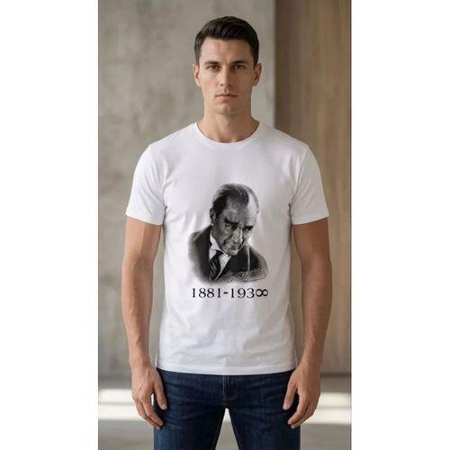 Erkek Atatürk Baskılı Tişört Kısa Kollu Bisiklet Yaka  T-Shirt - Beyaz