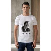 Erkek Atatürk Baskılı Tişört Kısa Kollu Bisiklet Yaka  T-Shirt - Beyaz