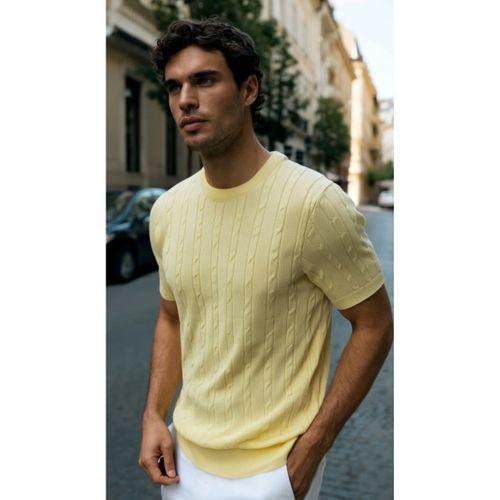 Erkek Örgü Desen Bisiklet Yaka Triko Tişört - %100 Pamuk Akrilik