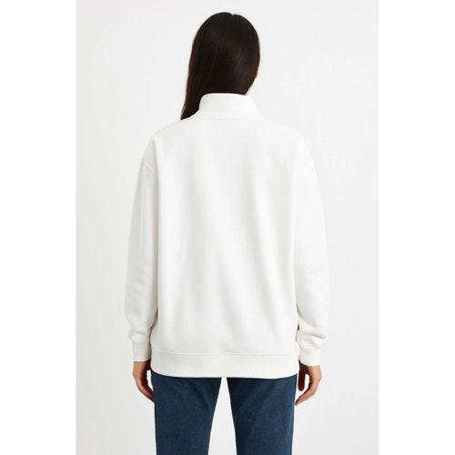 Üç İplik Dık Yaka Yarım Fermuarlı SweatShirt - Beyaz