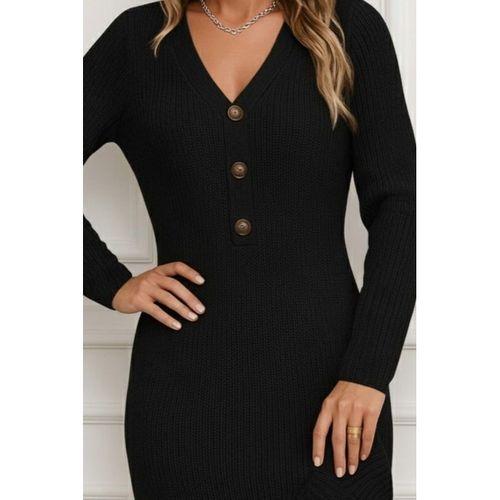 Kadın Uzun Kollu V Yakalı önden Düğmeli Kısa Triko Elbise