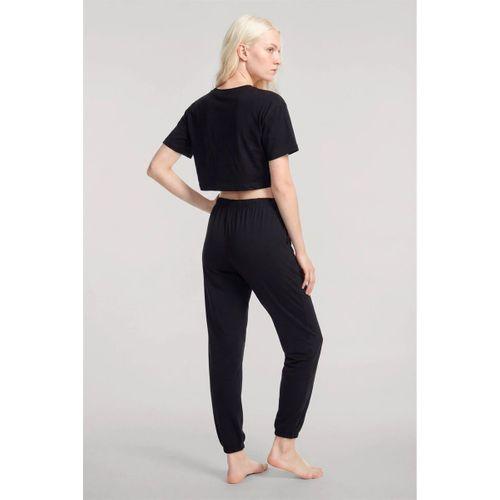 Kadın Siyah Crop T-shirt Pantolon Takım Rahat Günlük Spor Şık İkili Set