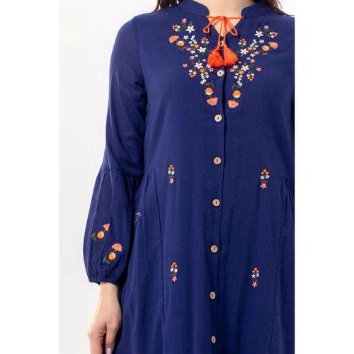 Uzun Kol Ala Nakışlı Püskül Bağcıklı Hakim Yaka Yazlık Şile Bezi Uzun Elbise Mor Mor