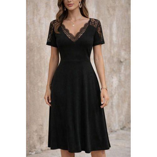Kadın Kısa Kollu V Dantel Yakalı Midi Viskon Elbise