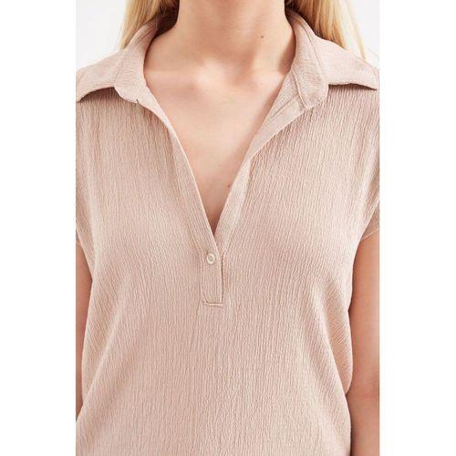 20123 Polo Yaka Örme Bluz - Bej