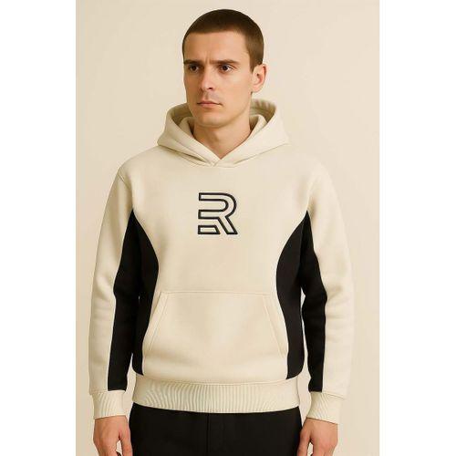 Frank Parçalı Kontrast Desenli Kapüşonlu Oversize Cepli Polar Erkek Sweatshirt - Ekru