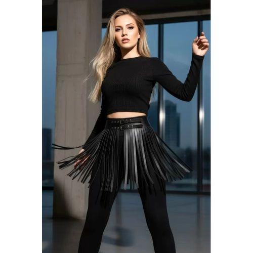 Siyah Etek Suni Deri Etek Püsküllü Mini Etek Boy - Brf1400