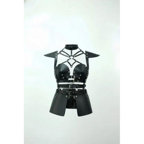 Siyah Etek Suni Deri Etek Kemer Tokalı Zımba Detaylı Etek - Brf1371