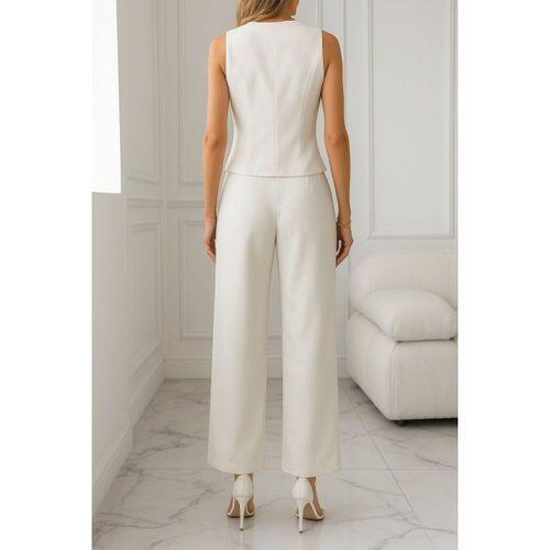 Kadın Sıfır Kollu çapraz V Yakalı önden Düğmeli Atlas Yelek Ve Pantolon Ikili Takım