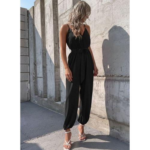 Kadın Ip Askılı Kruvaze Yakalı Belden Kuşaklı Uzun Sandy Tulum