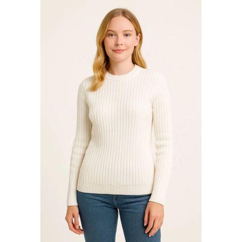 Bisiklet Yuvarlak Yaka Triko Kazak Pamuklu Kalın Fitilli Dokuma, Regular Fit Uzun Kollu Kışlık Model - Beyaz